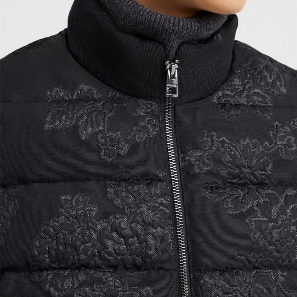 NWT Chico’s black floral metallic jacquard print puffer vest